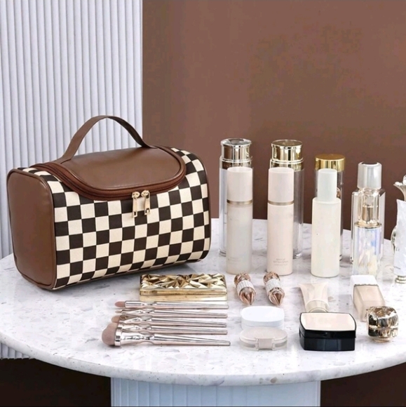 Brown Damier Luxury Designer Style Cosmetic/Makeup/Travel Bag/Case Vegan Leather - Picture 3 of 12